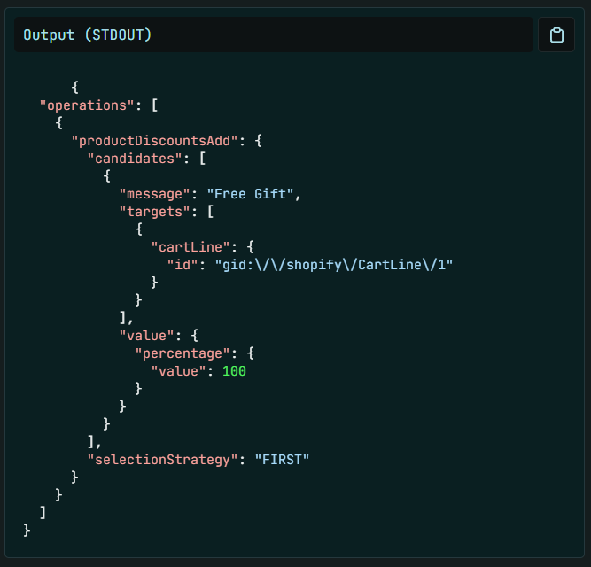 Discount Function output showing productDiscountsAdd operation with 100% percentage discount targeting the gift cart line