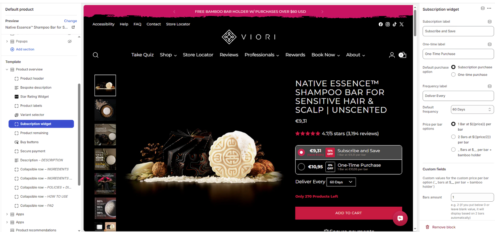 Shopify theme editor showing subscription widget section block settings, subscription label, one-time label, default purchase option, frequency selector, and per-bar pricing configuration